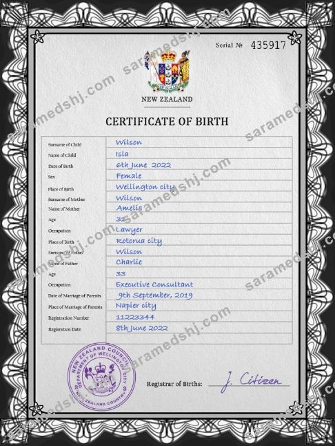 New Zealand birth certificate PSD template